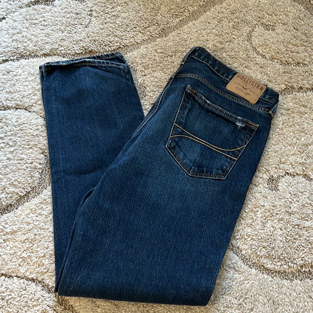 36 x 32 Hollister Dark Wash Straight Leg Denim Jeans Factory Distressing EUC
